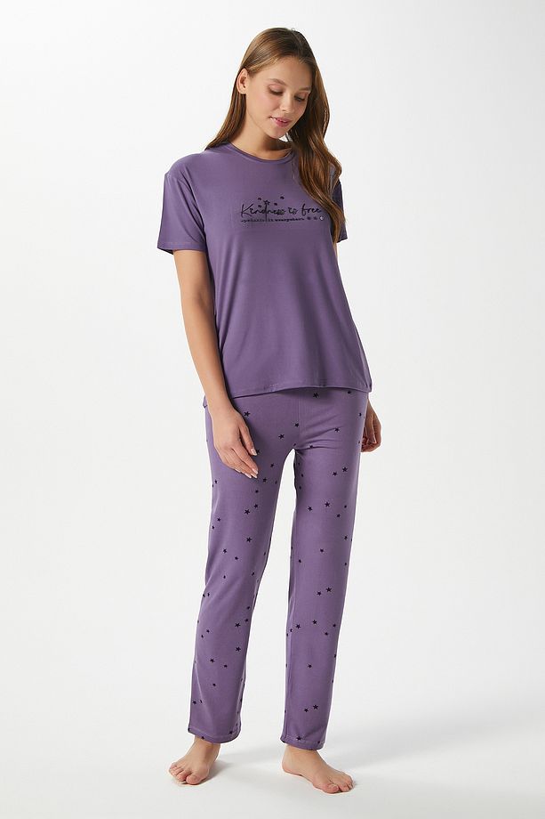 Kadın Kindness Yumuşak Doku Mürdüm Yıldız Desen Bisiklet Yaka Kısa Kollu Alt Üst Pijama Takımı - 3