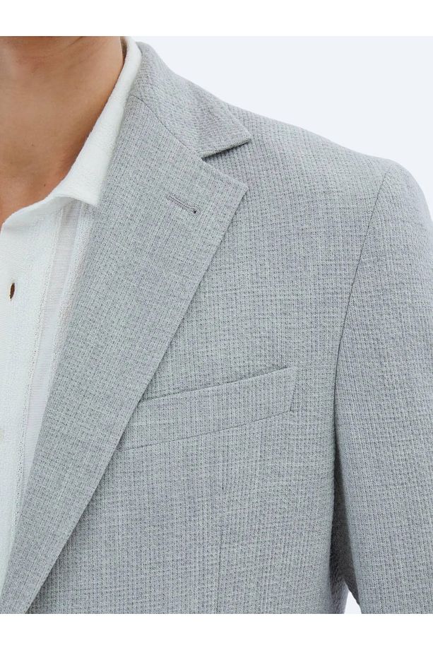 Gri Comfort Fit Gofre Kumaş Torba Cep Mono Yaka 6 Drop Örme Blazer Ceket - 6