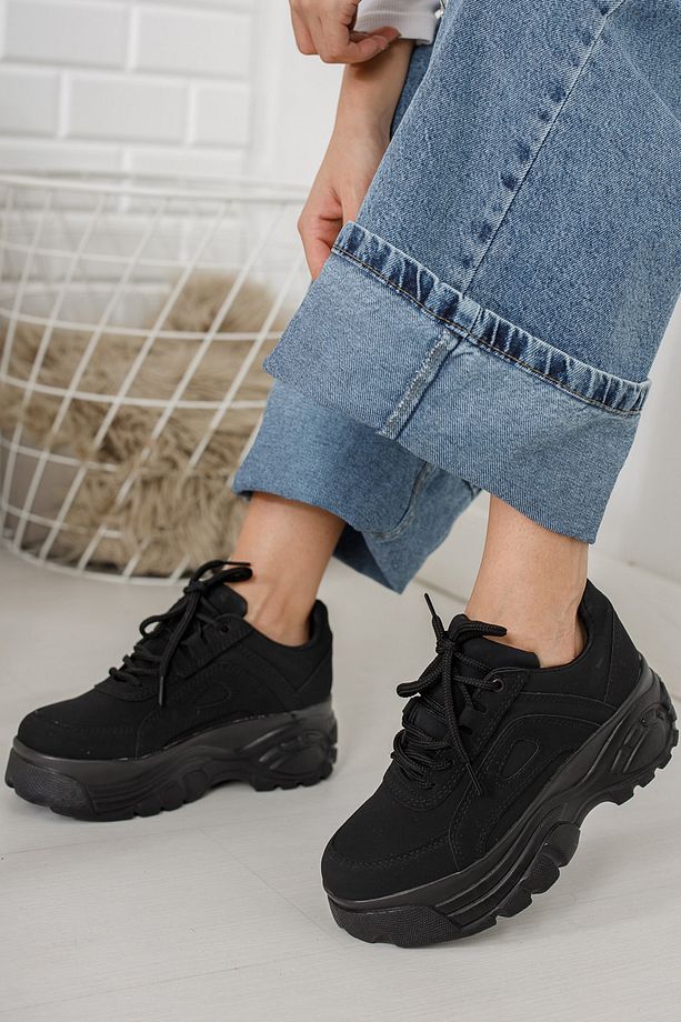 Siyah Süet Günlük Kadın Spor Ayakkabı Bağcıklı Kalın Hafif Yüksek Taban Sneaker - 3