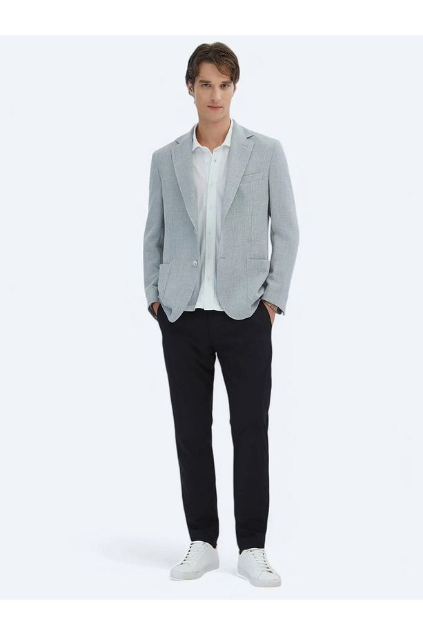 Gri Comfort Fit Gofre Kumaş Torba Cep Mono Yaka 6 Drop Örme Blazer Ceket - 5