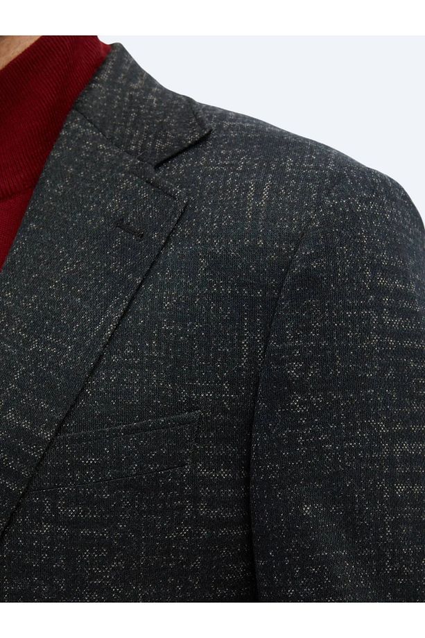 Siyah Desenli Comfort Fit Yün Karışımlı Torba Cep Mono Yaka 6 Drop Örme Blazer Ceket - 6