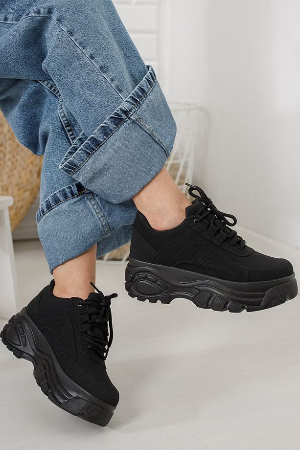 Siyah Süet Günlük Kadın Spor Ayakkabı Bağcıklı Kalın Hafif Yüksek Taban Sneaker - 1