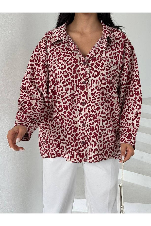 Leopar Desen Oversize Kadın Cep Detaylı Gömlek (Viskon Kumaş) - 3