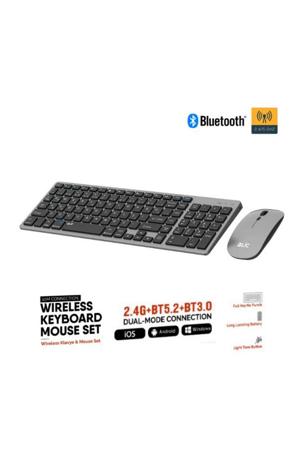 Kablosuz Zarif Sessiz Tasarım Klavye Mouse Set Gri İos Android Windows Uyumlu BKB12 - 1