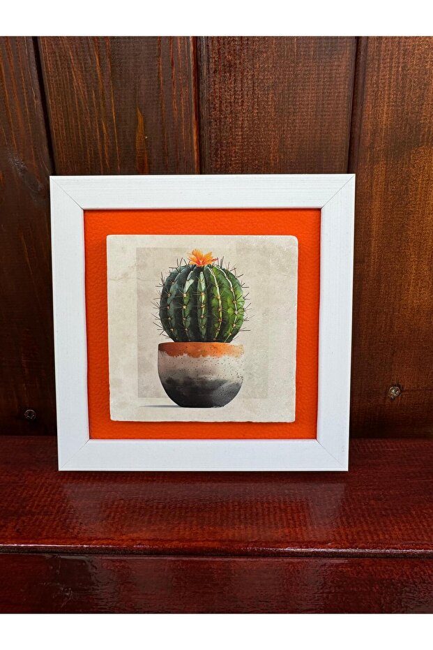 Uv Printed Stone Frame with White Frame and Leather Bottom Base 16X16 cm (Cactus3 Pattern)