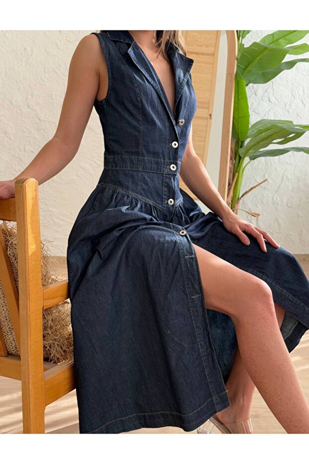 فستان من الدنيم بأزرار أمامية عتيقة - 5