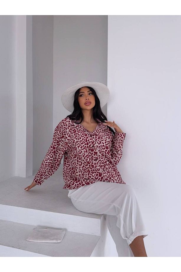 Leopar Desen Oversize Kadın Cep Detaylı Gömlek (Viskon Kumaş) - 5