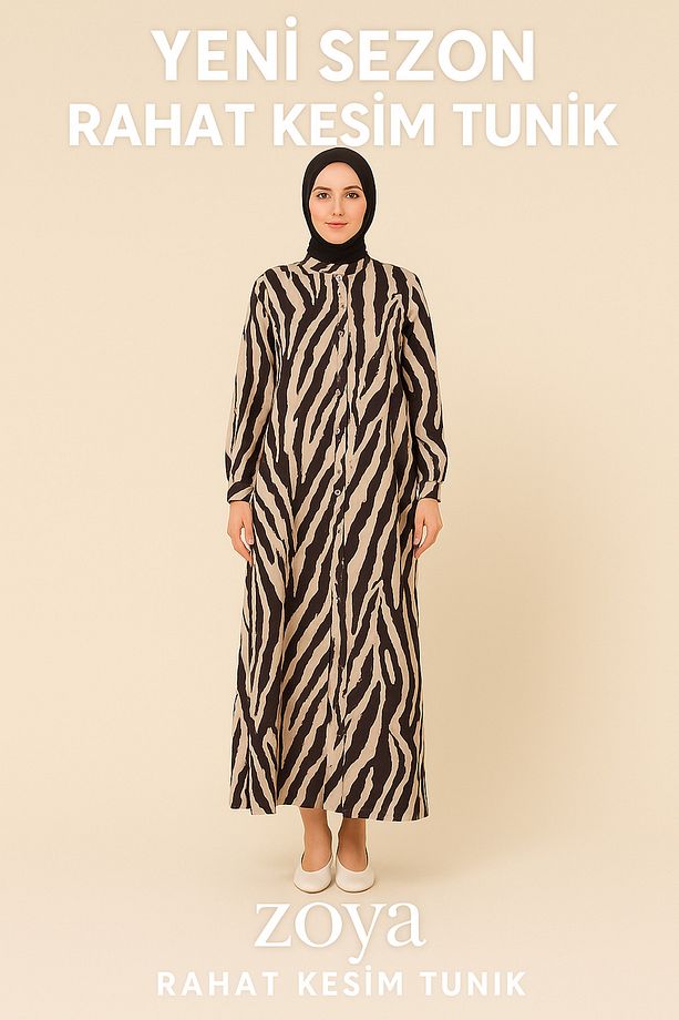 Zebra Desenli Modal Boydan Düğmeli Elbise - 1