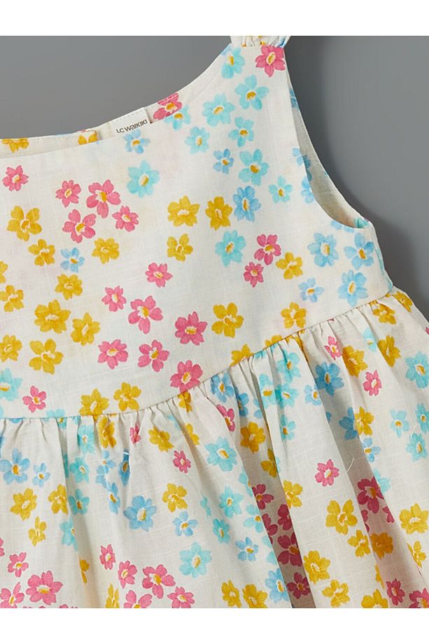 LCW Kids Ekru Bisiklet Yaka Çiçekli Kız Çocuk Keten Elbise T T - 3