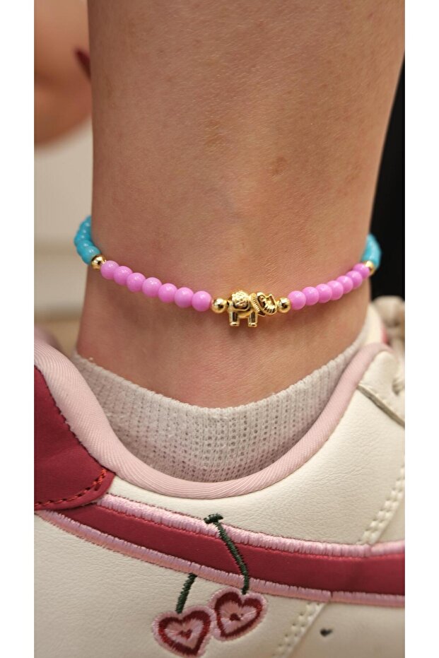 Colorful Bead Anklet with Gold Elephant Figure