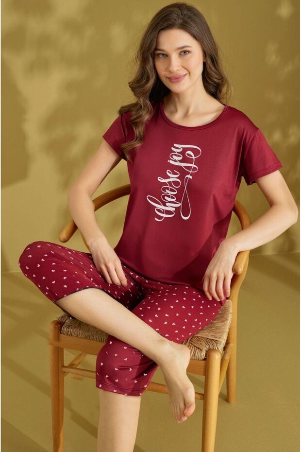 Women's 100% Cotton Burgundy Star Patterned Short Sleeve Capri Pajama Set