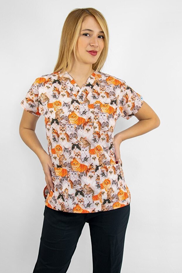 Doctor, Hospital, Nurse Uniform Coffee Cats Patterned Lycra Single Top Uniform, Scrubs, Greys