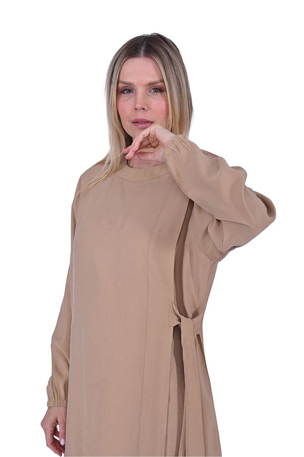 6958 Modal Kumaş Camel Elbise - 4
