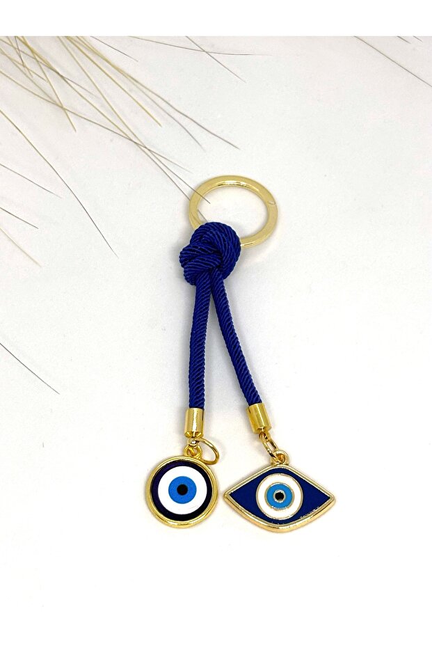 Eye Shaped Navy Blue Stone Eye Metal Keychain, Drawstring Metal Evil Eye Beaded Keychain