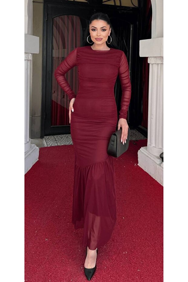 Tulle Detailed Shirring Design Long Evening Dress