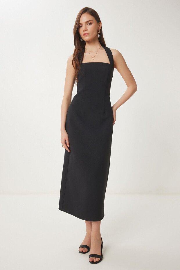 Halter Yaka Yırtmaçlı Midi Elbise Siyah - 1