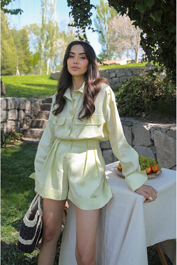 Light Yellow Unfinished Linen Shirt with Front Pockets