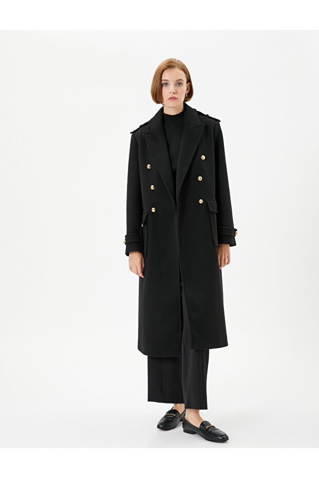 Stamped Coat Double Breasted Buttoned Pocket Epaulette Detailed