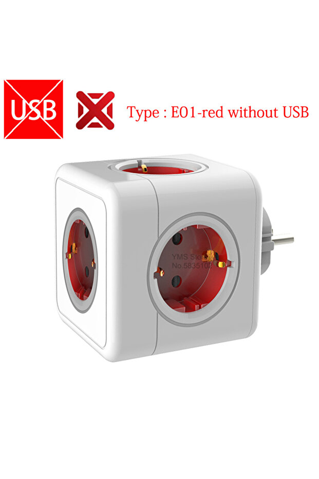 قابس الاتحاد الأوروبي E01-أحمر-بدون-USB Massfa شريط طاقة USB متعدد المكونات قابس كهربائي مكعب تمديد متعدد - 1