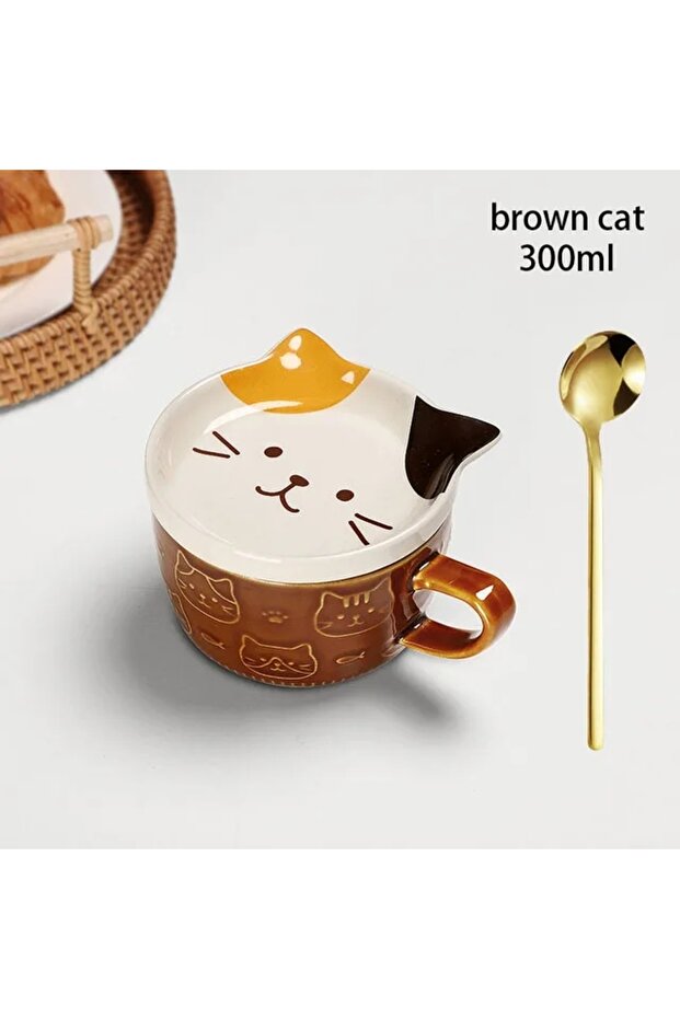 301-400ml brown cat YWDL Japanese Cartoon Cat Coffee Mug With Animal Cat Pattern Lid Small Dish Cute