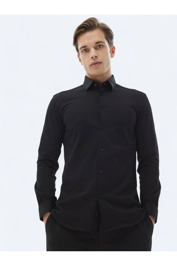 Siyah Düz Regular Fit Dokuma Casual %100 Pamuk Gömlek - 3