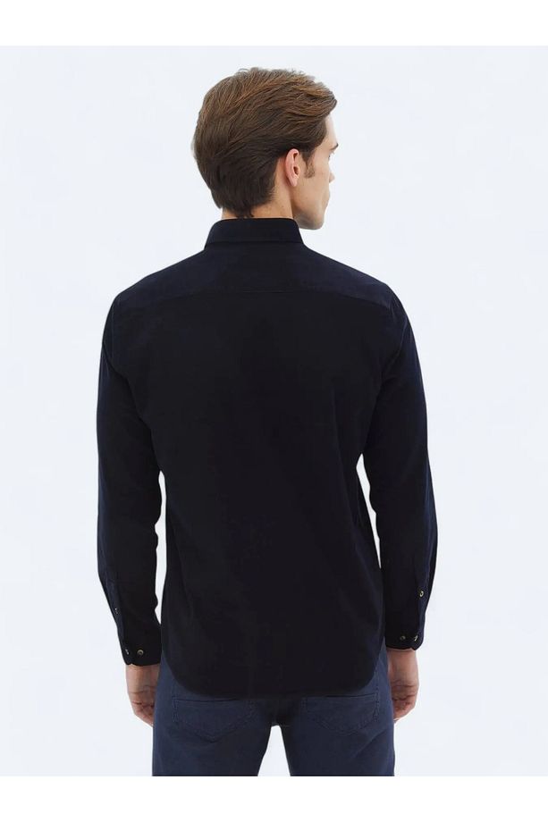 Lacivert Fitilli Regular Fit Dokuma Kadife Casual %100 Pamuk Gömlek - 5