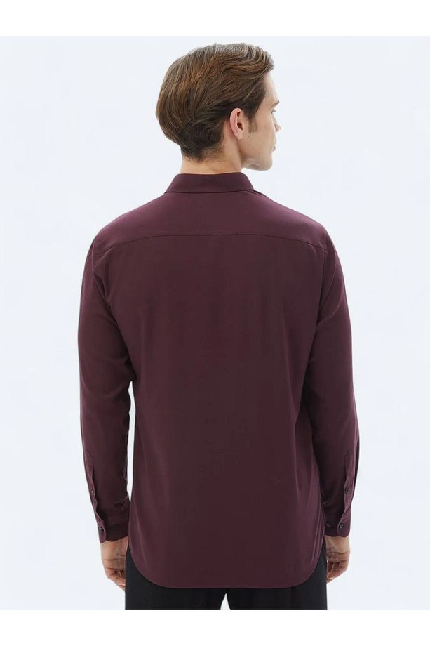 Mürdüm Düz Regular Fit Dokuma Casual Pamuk Karışımlı Gömlek - 6