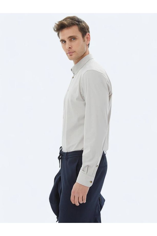 Ekru Düz Regular Fit Casual Gömlek - 5