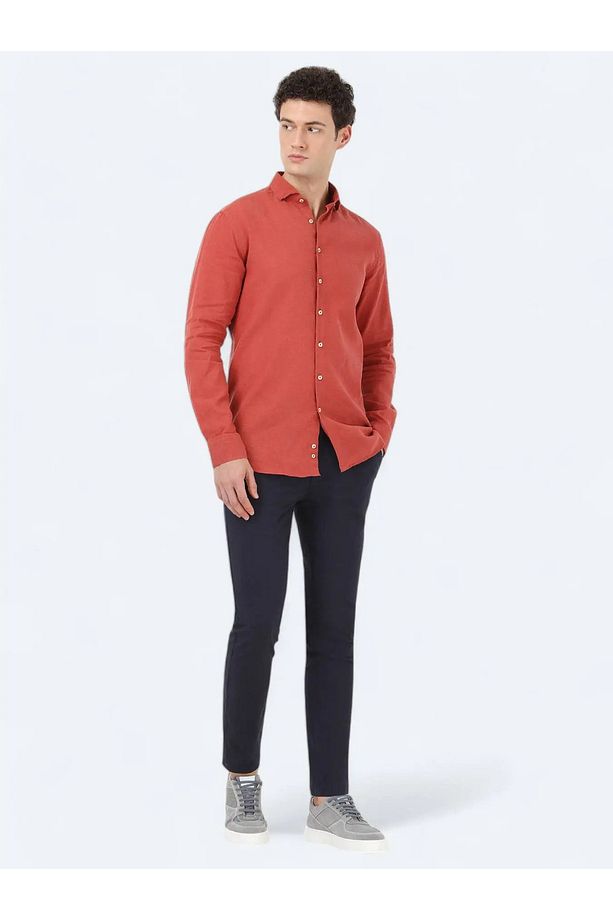 Kiremit Düz Regular Fit Dokuma Casual Pamuk Karışımlı Gömlek - 2