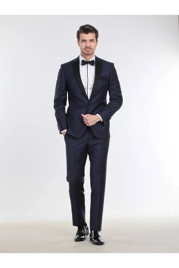 Saks Düz Slim Fit Kelebek Yaka Dokuma Smokin Takım Elbise - 4