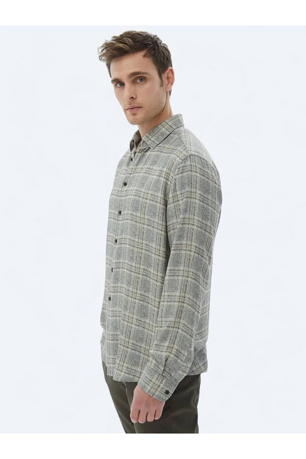 Bej Kareli Regular Fit Dokuma Casual Gömlek - 5