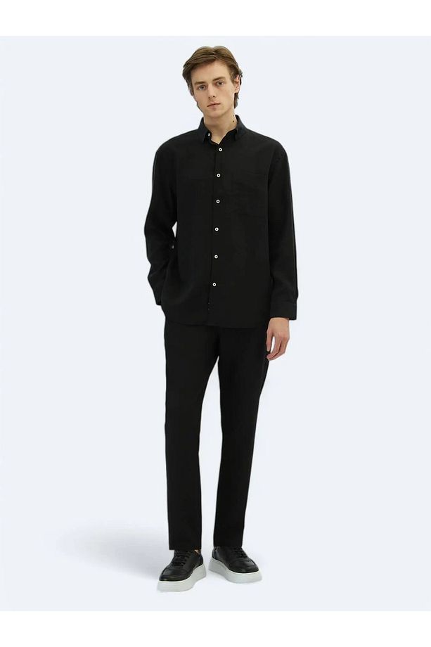 Siyah Düz Oversize Fit Dokuma Casual Gömlek - 2