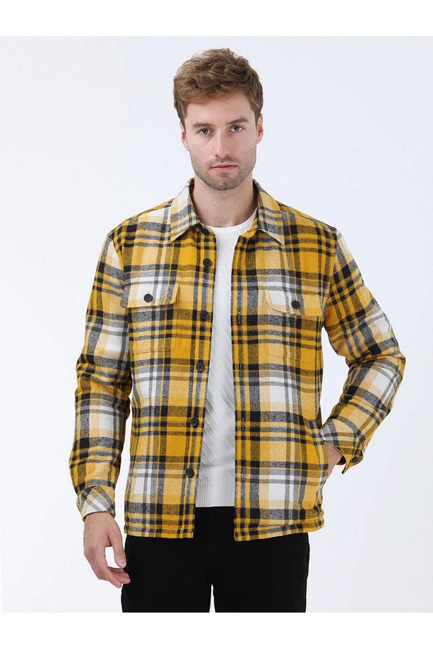 Sarı Kareli Regular Fit Dokuma Pamuk Karışımlı Overshırt - 3