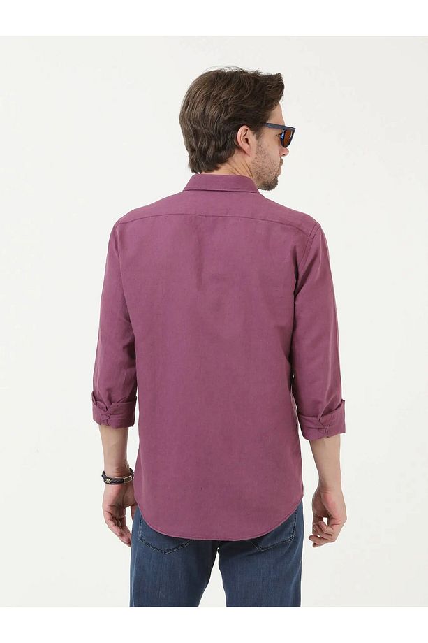 Mürdüm Düz Regular Fit Dokuma Casual Pamuk Karışımlı Gömlek - 4