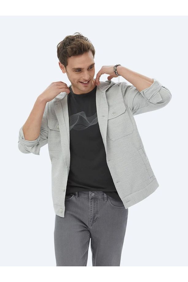 Gri Regular Fit Dokuma Pamuk Karışımlı Overshırt - 3