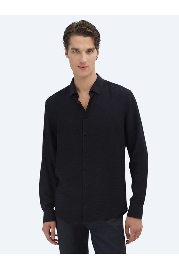 Siyah Regular Fit Dokuma Klasik Gömlek - 3