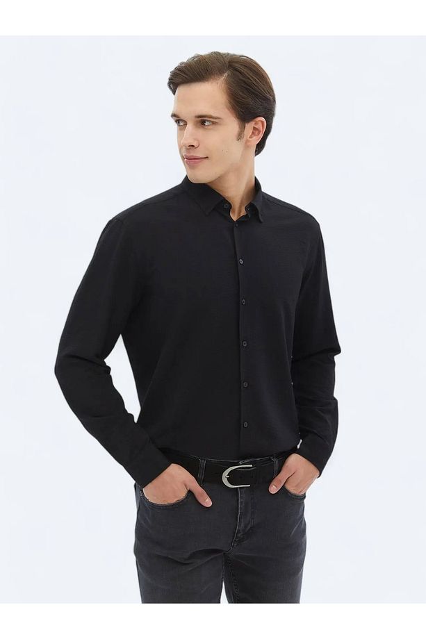 Siyah Regular Fit Dokuma Casual Gömlek - 1