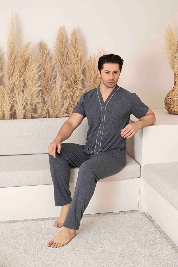 Men's Smoked Front Button Short Sleeve Six Long Combed Cotton Knitted Fabric Summer Pajamas Set