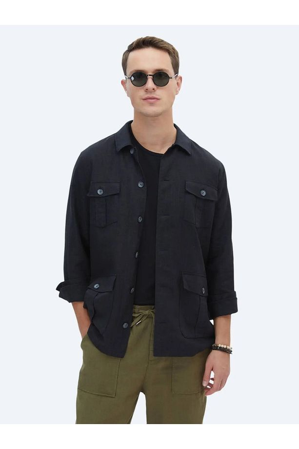Siyah Düz Regular Fit Dokuma Overshırt - 4