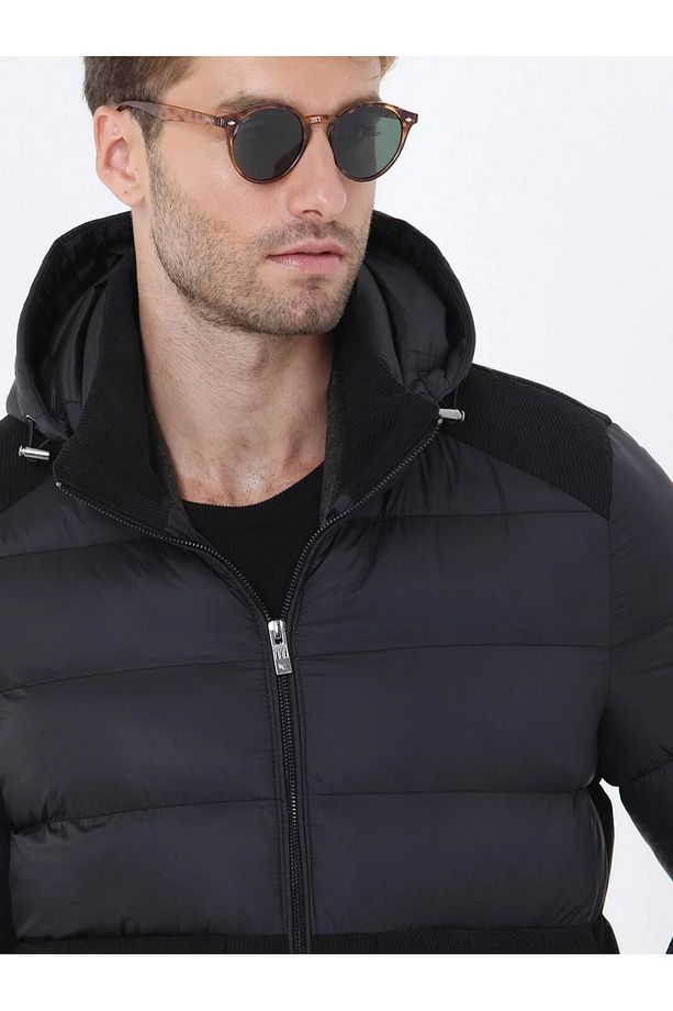 Siyah Regular Fit Kapüşonlu Casual Dokuma Mont - 4