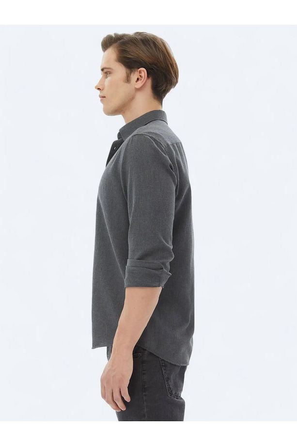 Antrasit Düz Regular Fit Dokuma Casual Pamuk Karışımlı Gömlek - 3