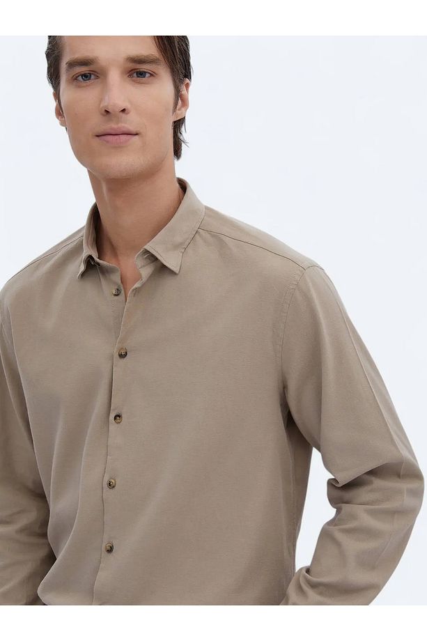 Bej Düz Regular Fit Dokuma Casual Pamuk Karışımlı Gömlek - 3