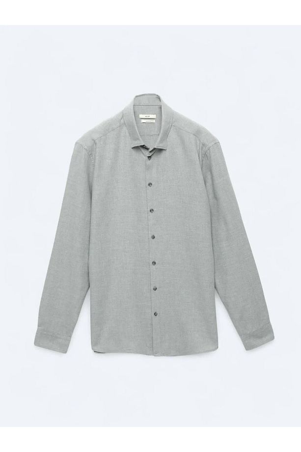 Gri Düz Regular Fit Dokuma Casual Pamuk Karışımlı Gömlek - 7