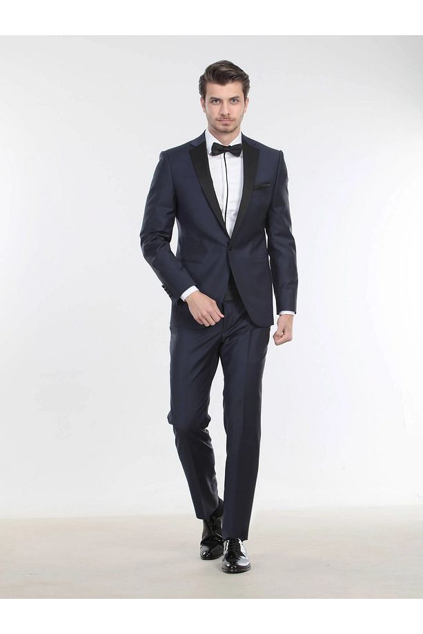 Saks Düz Slim Fit Kelebek Yaka Dokuma Smokin Takım Elbise - 6