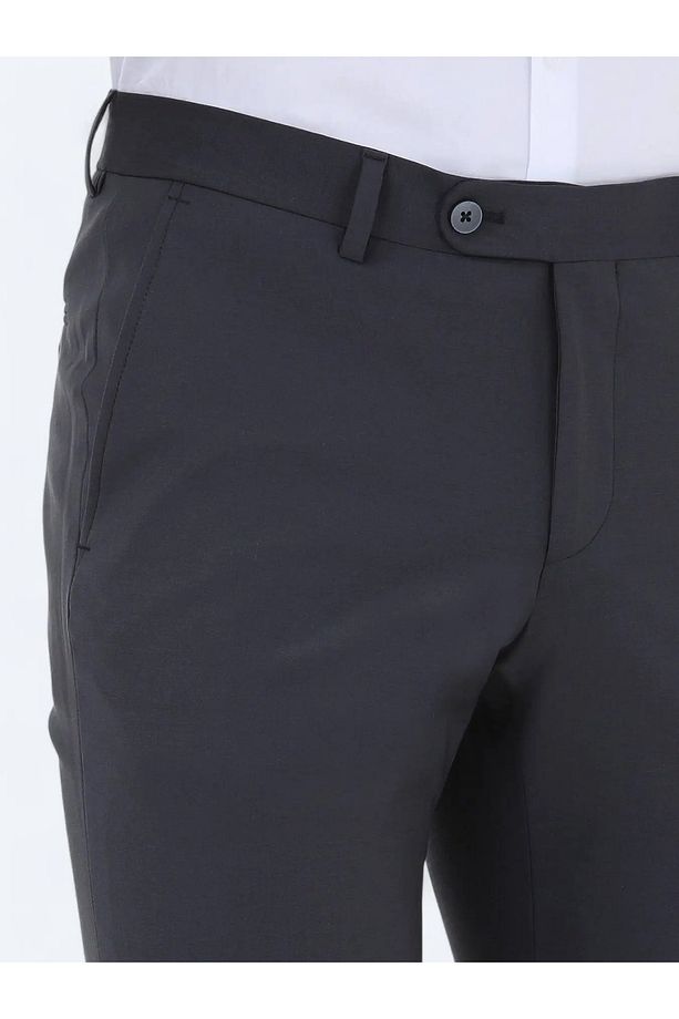 Antrasit Düz Dokuma Fitted Fit Klasik Yün Karışımlı Pantolon - 3