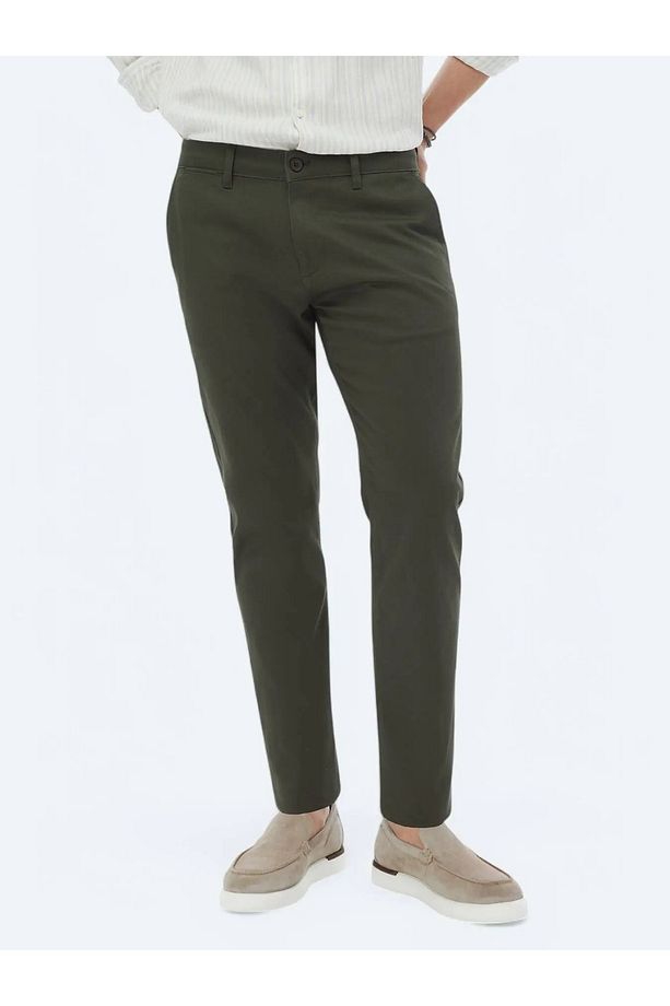 Haki Düz Dokuma Regular Fit Casual Pamuk Karışımlı Pantolon - 3