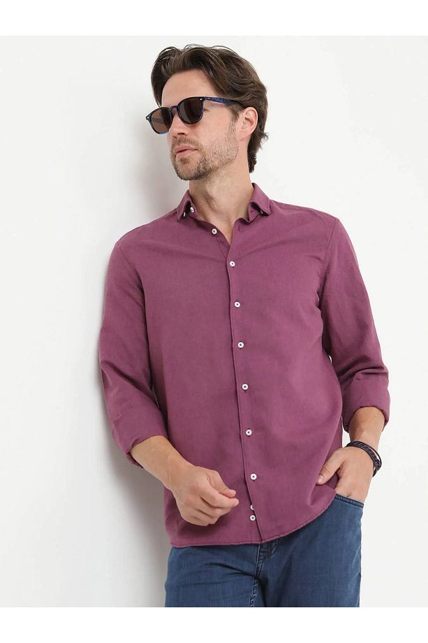 Mürdüm Düz Regular Fit Dokuma Casual Pamuk Karışımlı Gömlek - 1