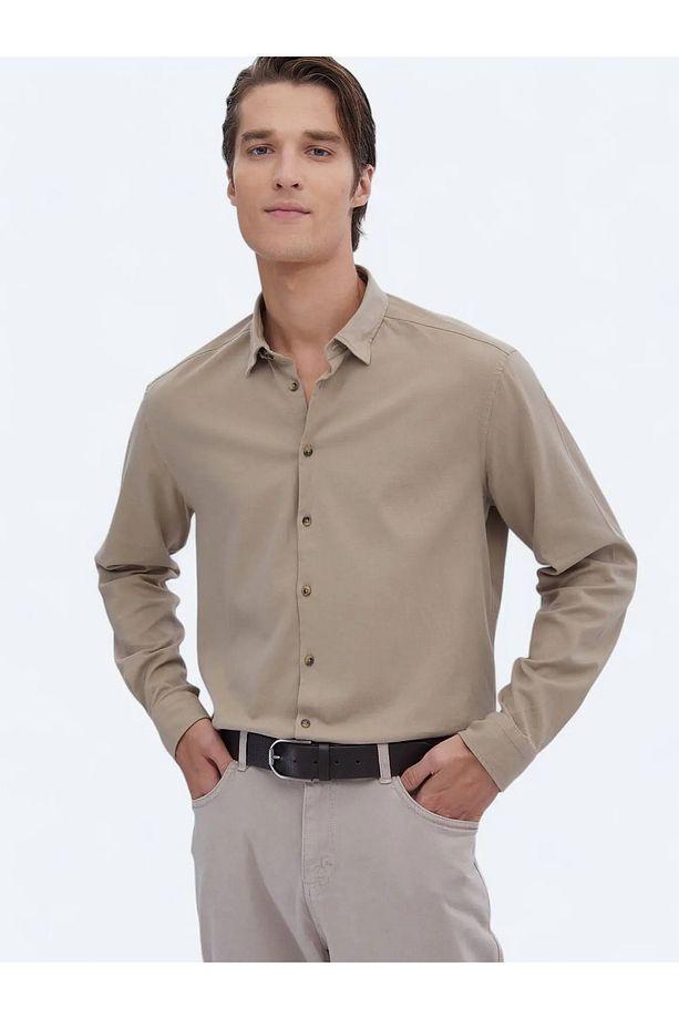 Bej Düz Regular Fit Dokuma Casual Pamuk Karışımlı Gömlek - 1