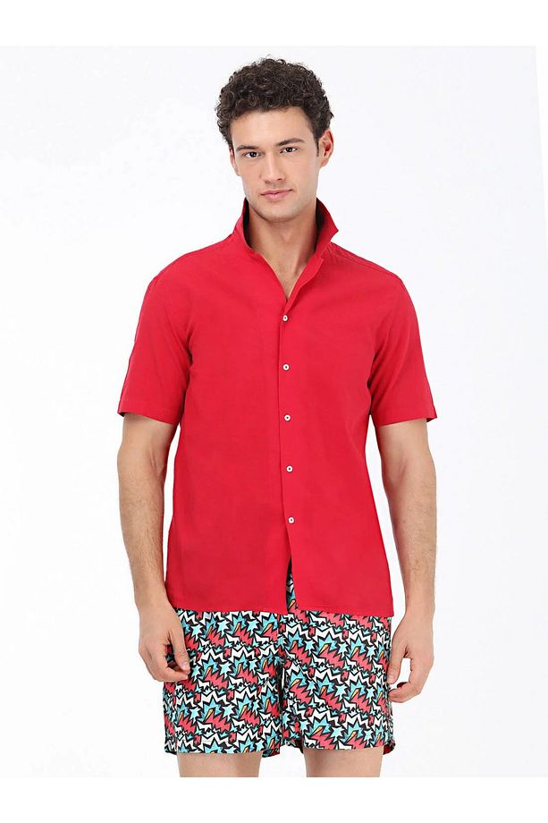 Kırmızı Desenli Regular Fit Dokuma Casual %100 Pamuk Gömlek - 3