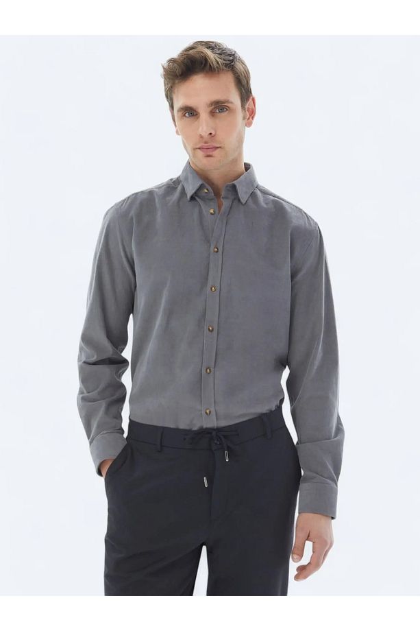 Gri Fitilli Regular Fit Dokuma Kadife Casual %100 Pamuk Gömlek - 1